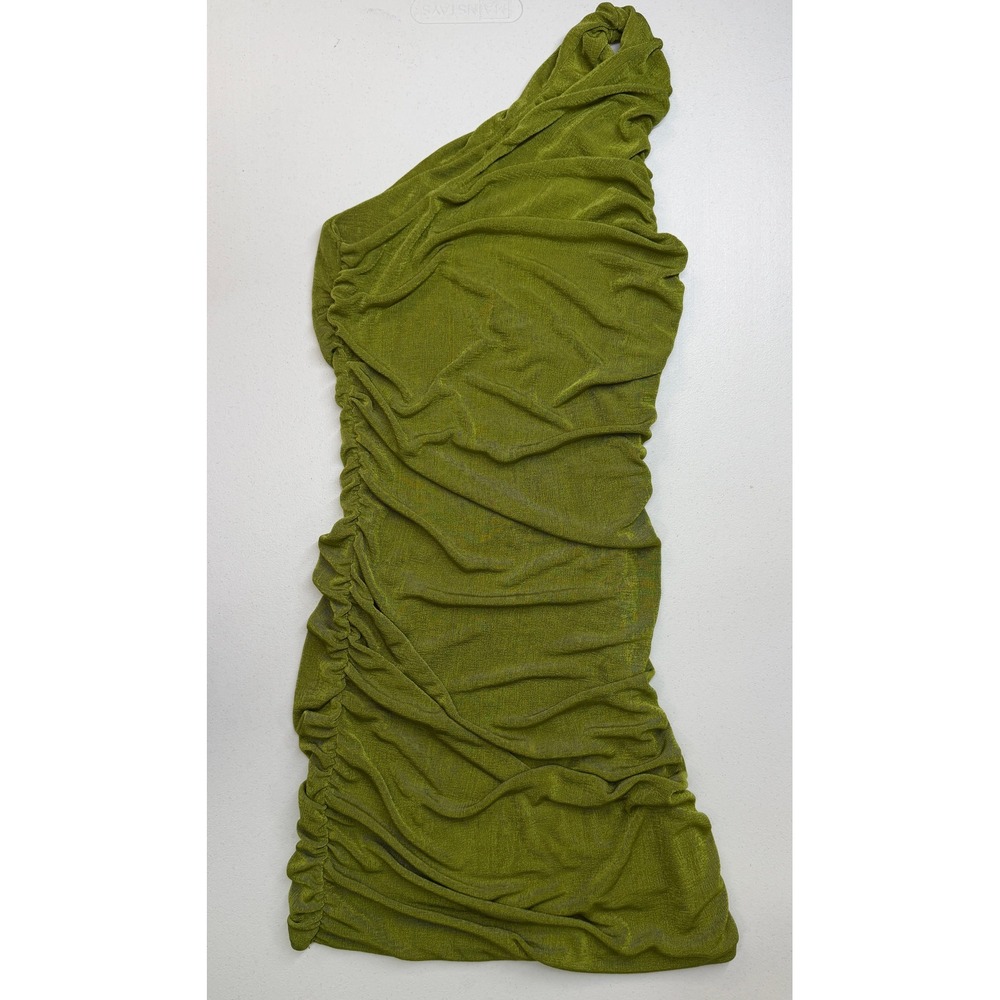 One Shoulder Ruched Bodycon Mini Dress Chartreuse Green Metallic Shimmer Party